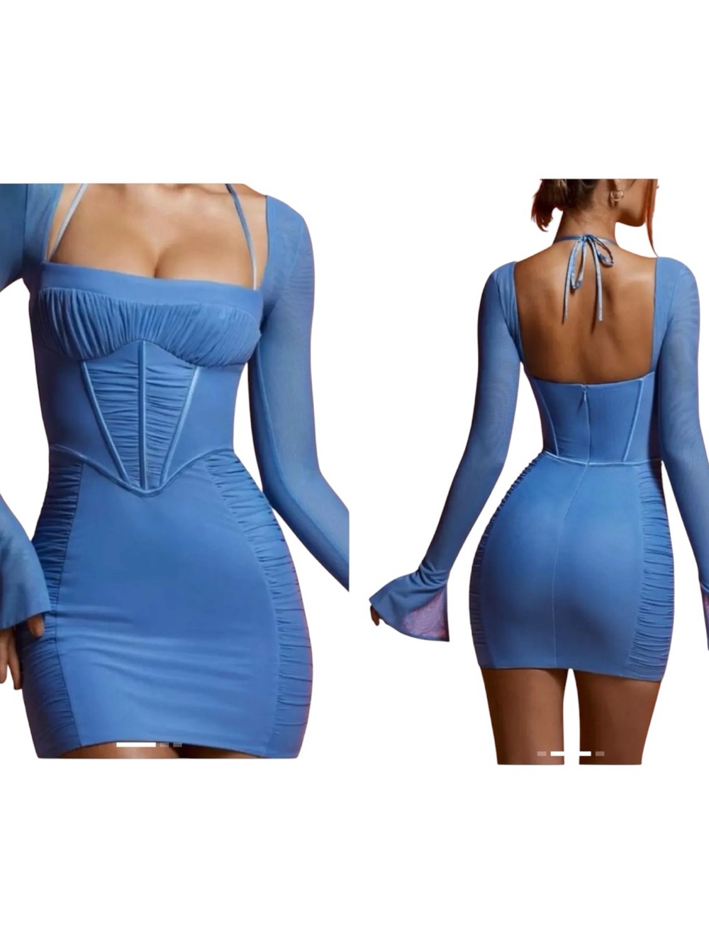 Oh Polly Blue Ruched Bodycon Mini Dress US 2 Long Sleeve Sweetheart